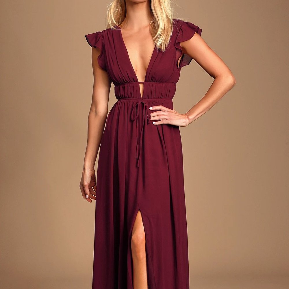 I'm All Yours Burgundy Ruffled Maxi Dress - Size Small - Burgundy
